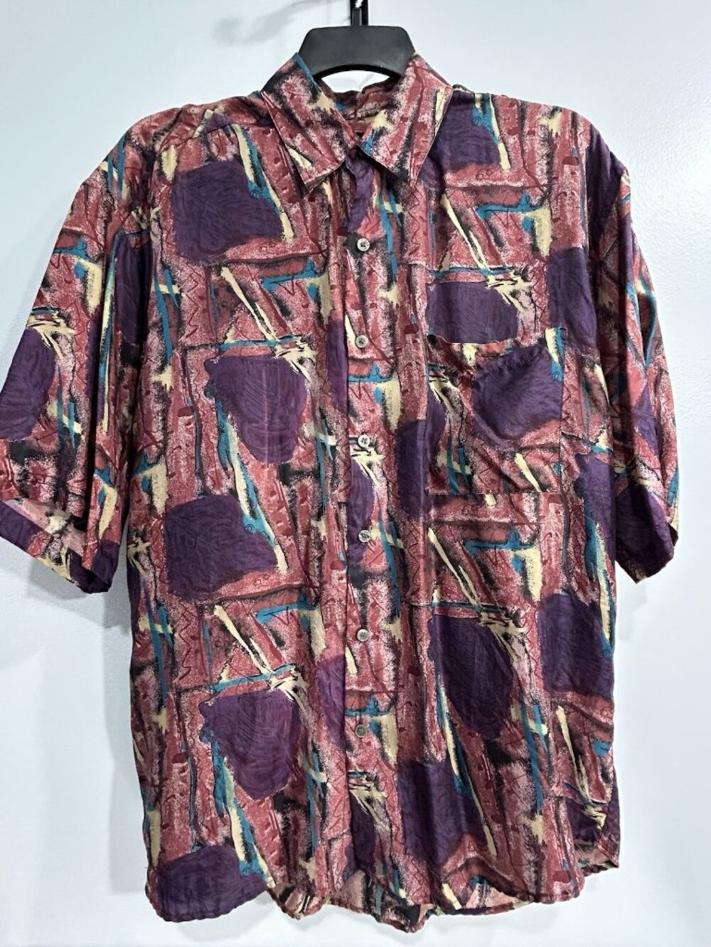 Vintage Bruno Brand 100% Silk Men's Shirt Size M 80s Retro Abstract Funky Purple